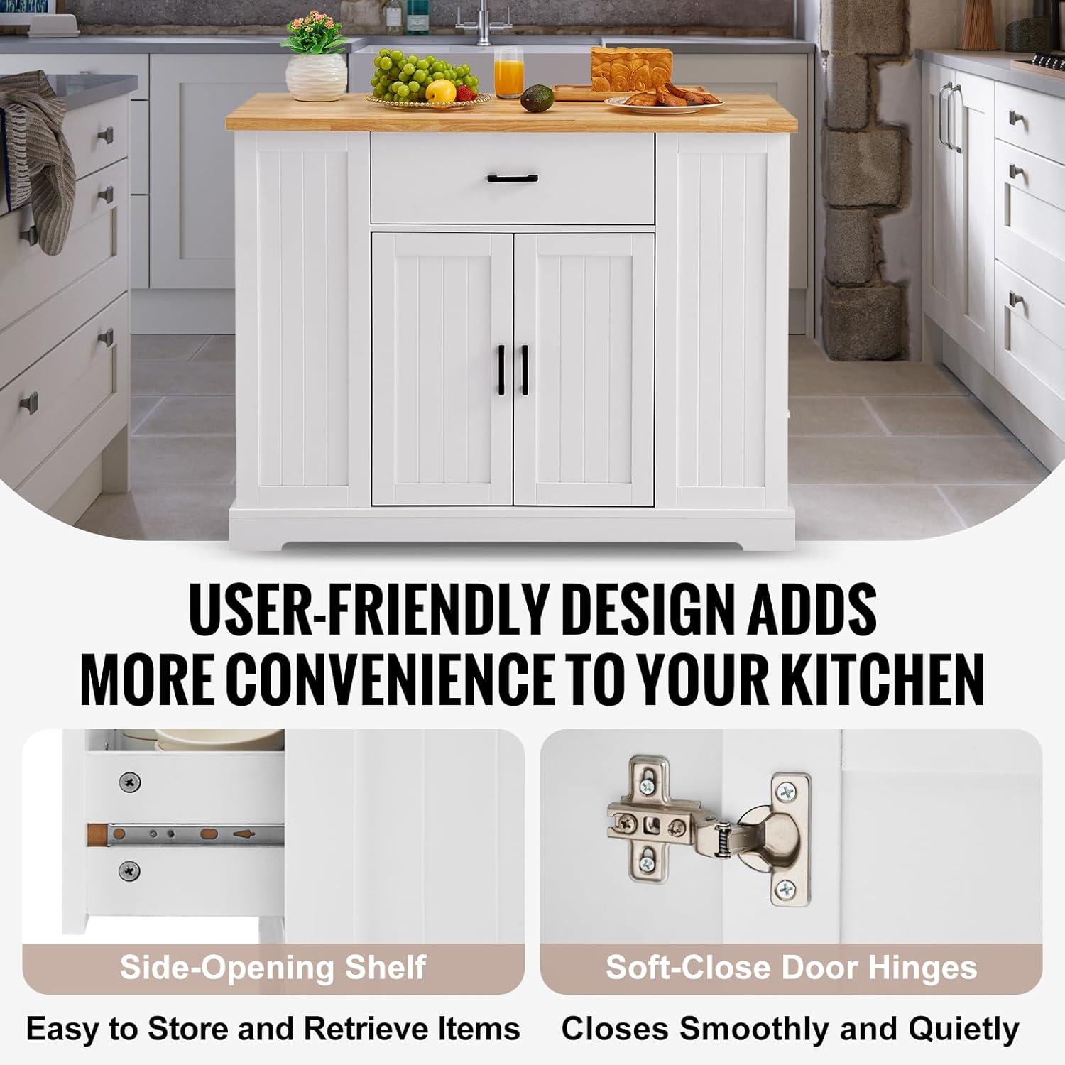 VEVOR Kitchen Island Cart, 46" Wood Top Breakfast Bar with Storage Cabinet, Farmhouse Kitchen Table with Adjustable Shelf, Drawer, for Dining Kitchen Living Room, White