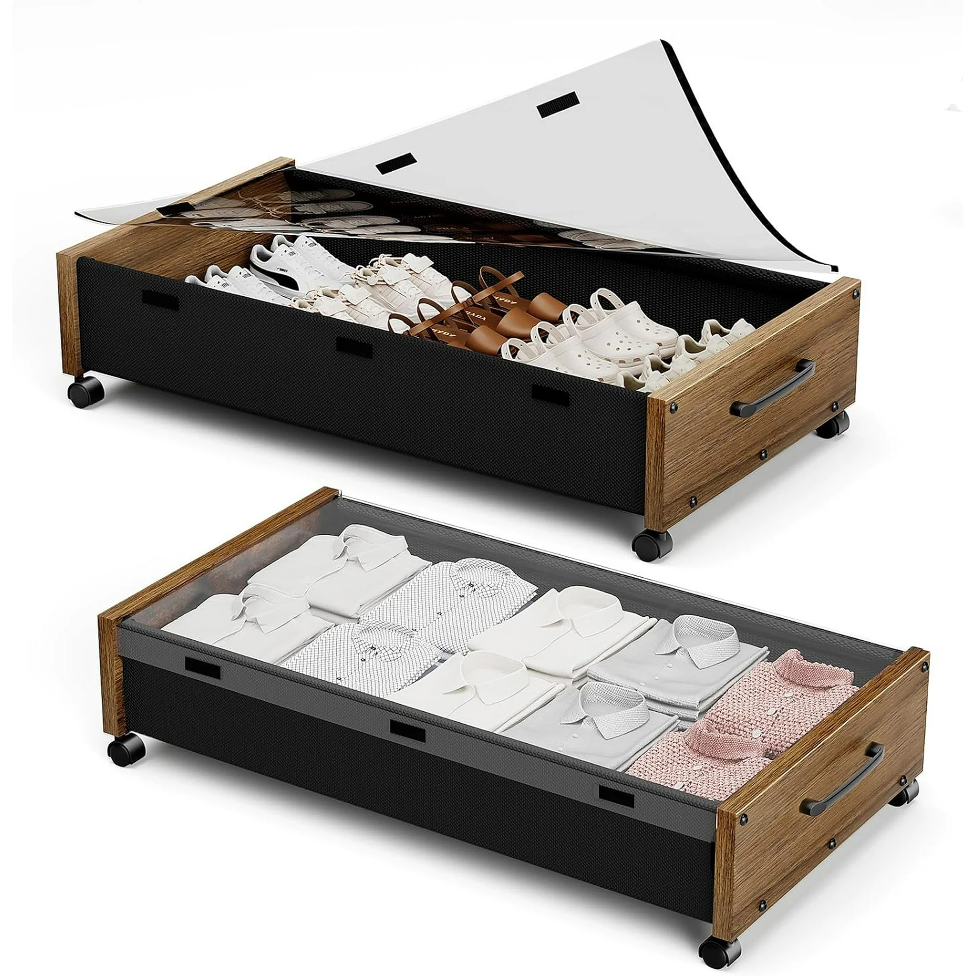 Wooden Under Bed Storage with Wheels, 80L Extra-large Rolling Under the Bed Storage Bins 2 Pack with Removable Lid, Upgrade Metal Under Bed Drawers for Clothes Shoes Blankets in Bedroom