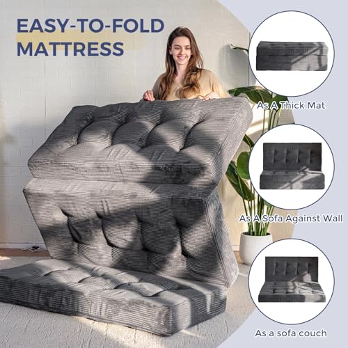 MAXYOYO Tri-Fold Mattress, 6 Inch Tufted Folding Mattress Full Foam Bed, Foldable Floor Mattress Guest Bed Mattress Topper Portable Camping Sleeping Bed with Corded Fabric, Black, 53"x75"