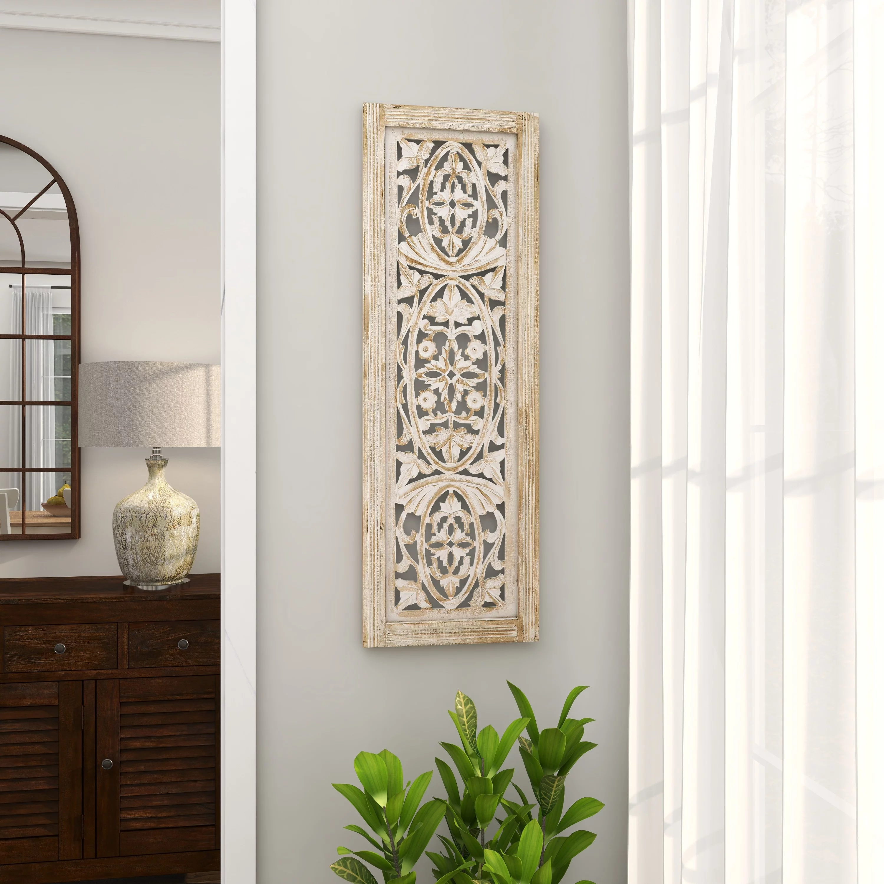 DecMode Neutral Cream/Distressed Wood Traditional Mango Carved Wood Leaves Wall Decor, 12"L x 36"H, 1-Piece