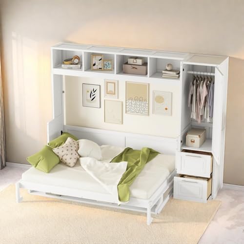 SOFTSEA Queen Size Horizontal Murphy Bed, Queen Murphy Bed with Desk Wardrobe Storage Shelf, Queen Hideaway Wall Bed with Drawers Space-Saving for Guest Room Bedroom or Office, Gray