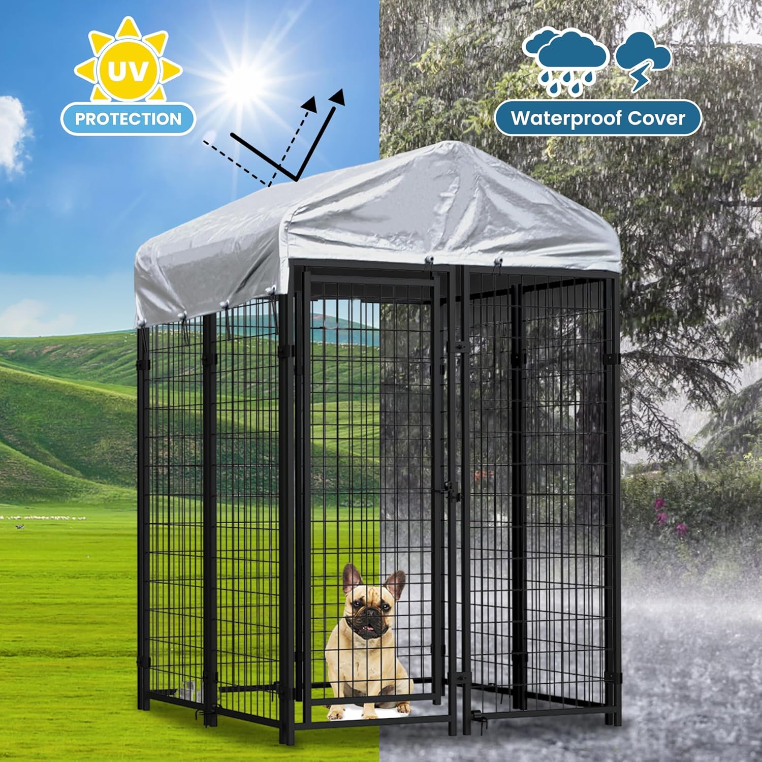 4' x 4' x 6' Large Dog Kennel Outdoor Play Pen, Metal Heavy Duty Dog Kennel Outside Dog Kennel with Roof Cover, Lockable Door