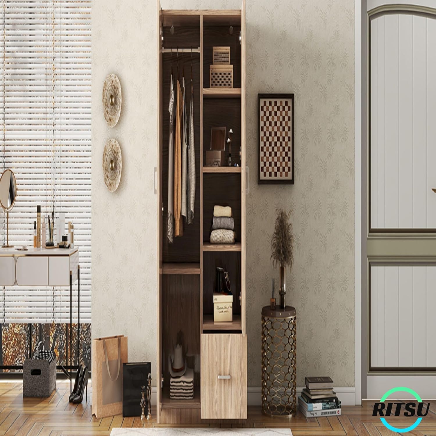 RITSU Armoire Wardrobe 2 Doors, Freestanding Clothes Cabinet w/ 1 Drawer, 5 Open Shelves and Hanging Rod, Versatile Wooden Storage Closets Organization for Bedroom, Natural, 31.5 Inch