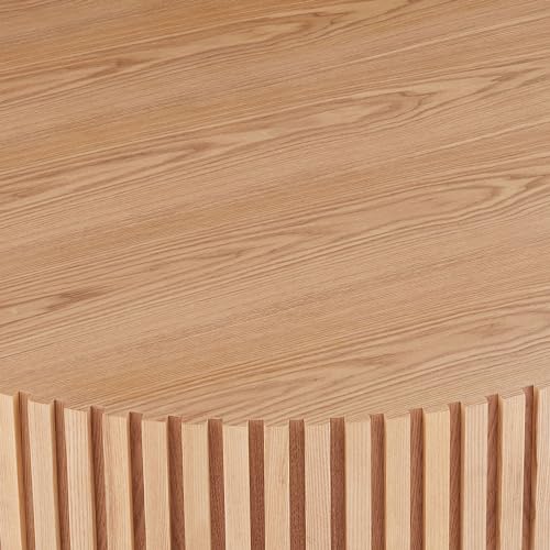 Walnut Wood Coffee Table 31.49" Round Handcraft Drum Coffee Table with Vertical Texture Relief Design Modern Circle Pedestal Tea Table Cocktail Table Center for Living Room,Apartment