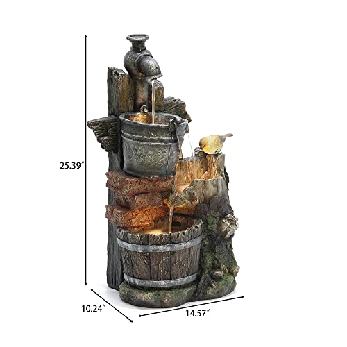 LuxenHome 22.4" Farmhouse Pump and Pots Resin Outdoor Fountain with LED Lights Outdoor and Indoor Water Fountain for Gardens, Landscaping, Patios, Balconies, and Lawns