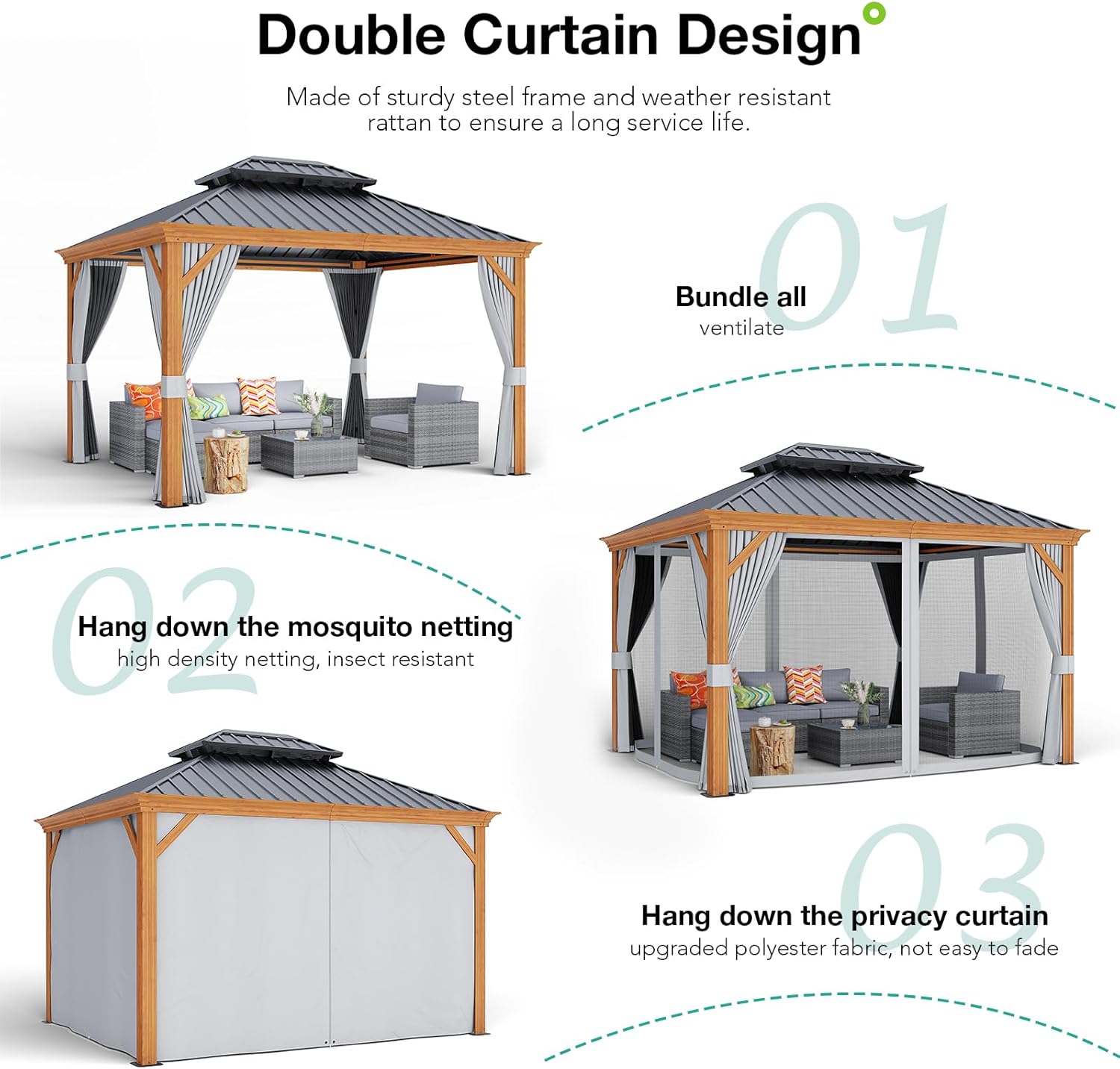 Patiorama 10’ x 12’ Hardtop Gazebo, Outdoor Wood Grain Frame Aluminum Gazebo with Galvanized Steel Double Vented Roof Canopy, W/Shaded Curtains and Netting, Pergola for Patio, Garden, Yard (Grey)