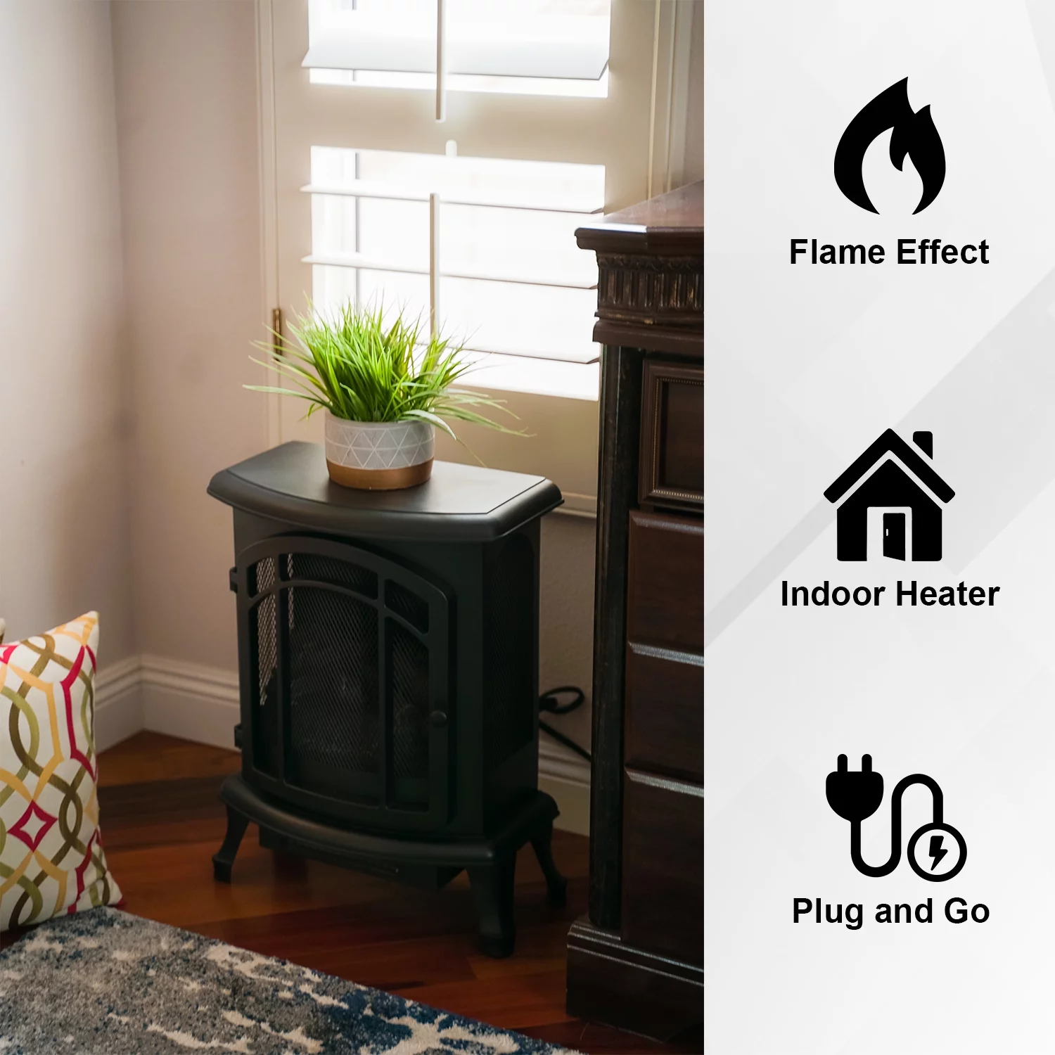 XBrand Free Standing Portable High/Low Heat Wired Fire Stove with Manual Control and LED Flame Effect, 24 Inch Tall, Black