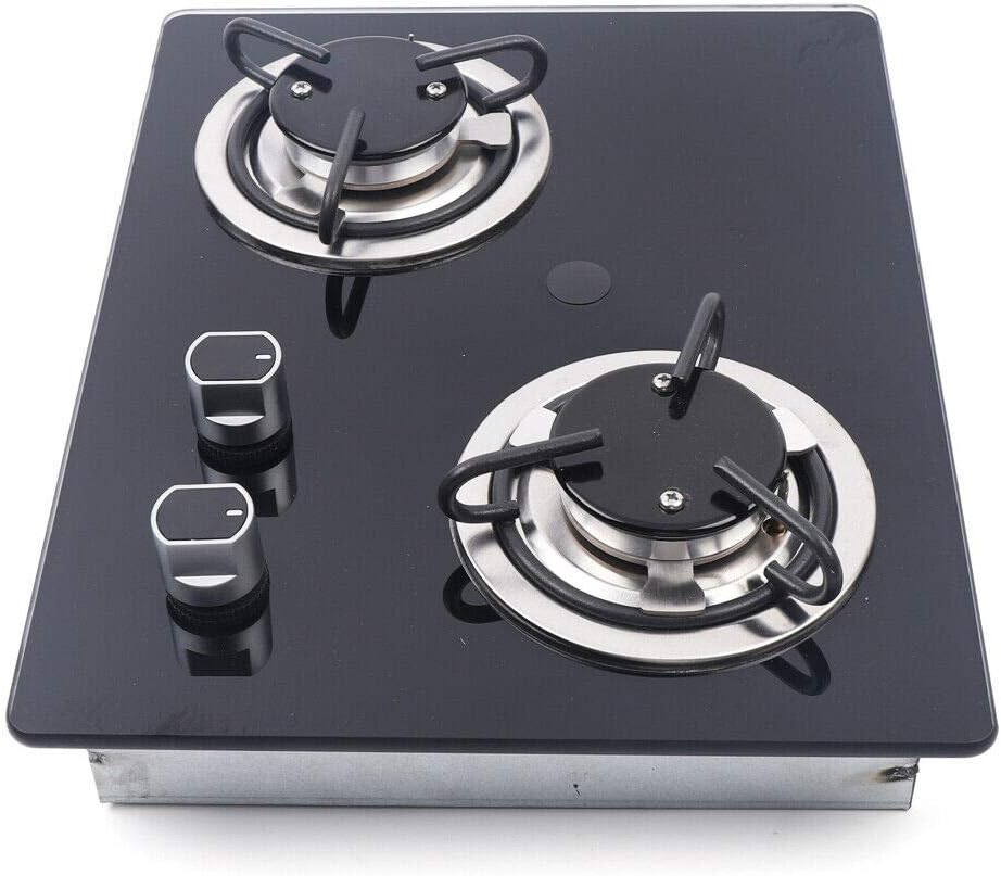 15 inch Black Tempered Glass Panel Built-in LPG Gas Hob Cooktop Portable Gas Cooktop LPG Gas Stove Countertop Dual Fuel Cooktops Gas Cooker for RV Camper Caravan Outdoor Apartments (2 Burners)