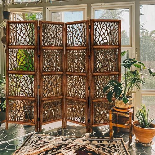 Room Divider Wood Screen - Ghanti Bells Antique Brown - 4 Panel Folding 72 x 80 - Assembled Hand Carved Decorative Functional Versatile Portable Partition Reversible Privacy Boho - COTTON CRAFT