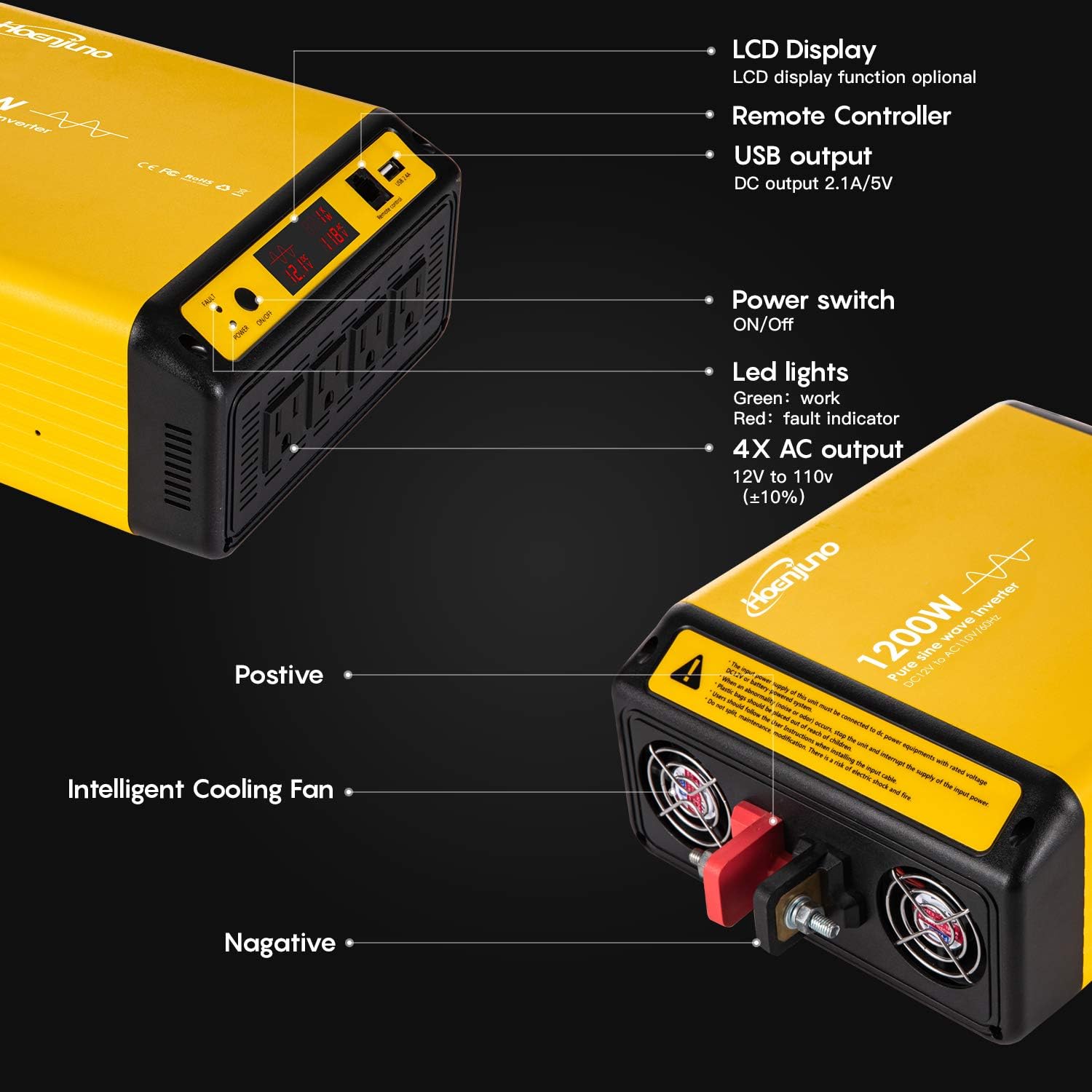 1200W Pure Sine Wave Inverter Power Converter DC 12V to AC 110-120V Power Source with 15 Feet Remote Control Cable
