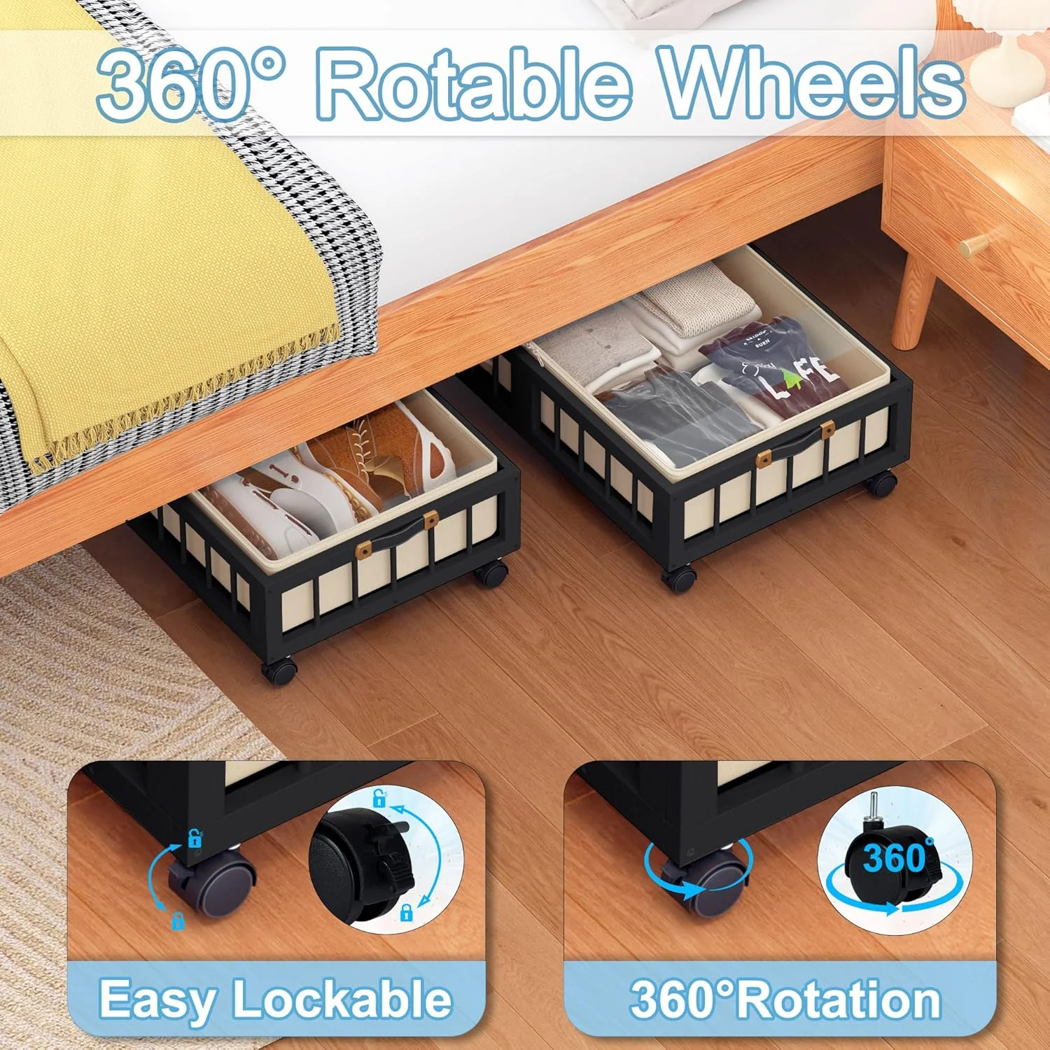 2-Pack Bamboo Under Bed Storage Containers with Wheels, Under Bed Clothes Storage Basket with Large Dust Bag, Rolling UnderBed Storage for Bedroom, Dorm and Basement, Black