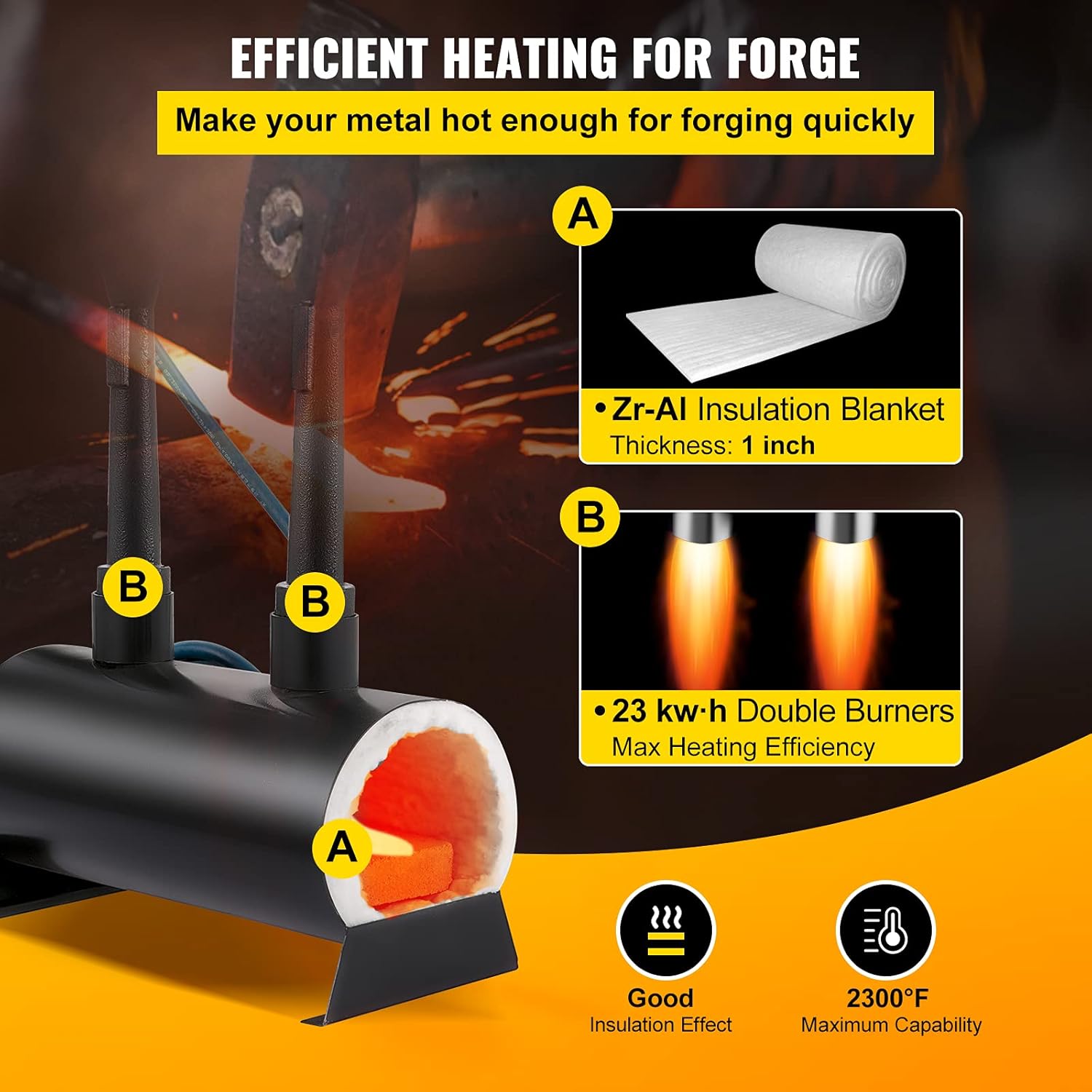 VEVOR Propane Knife Forge, Blacksmithing Forge with Dual Burners, Portable Propane Forge with an Open Structure, Large Capacity Farrier Forge, Round Propane Burner Forge for Knife and Tool Making