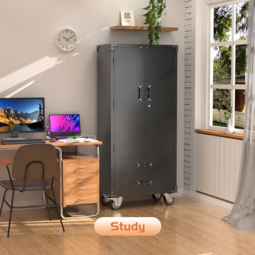 73" H Metal Storage Cabinet with Wheels, Garage Storage Cabinet with 4 Adjustable Shelves and Lockable Doors for Garage Home Office Utility Room,Required Assembly,Black