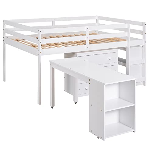 Maximized Space Functional Low Study Loft Bed with Desk, Cabinet, Bookshelf, and Rolling Portable Desk – High-Grade Pinewood Frame with Full-Length Guardrail for Enhanced Safety (White,Full)