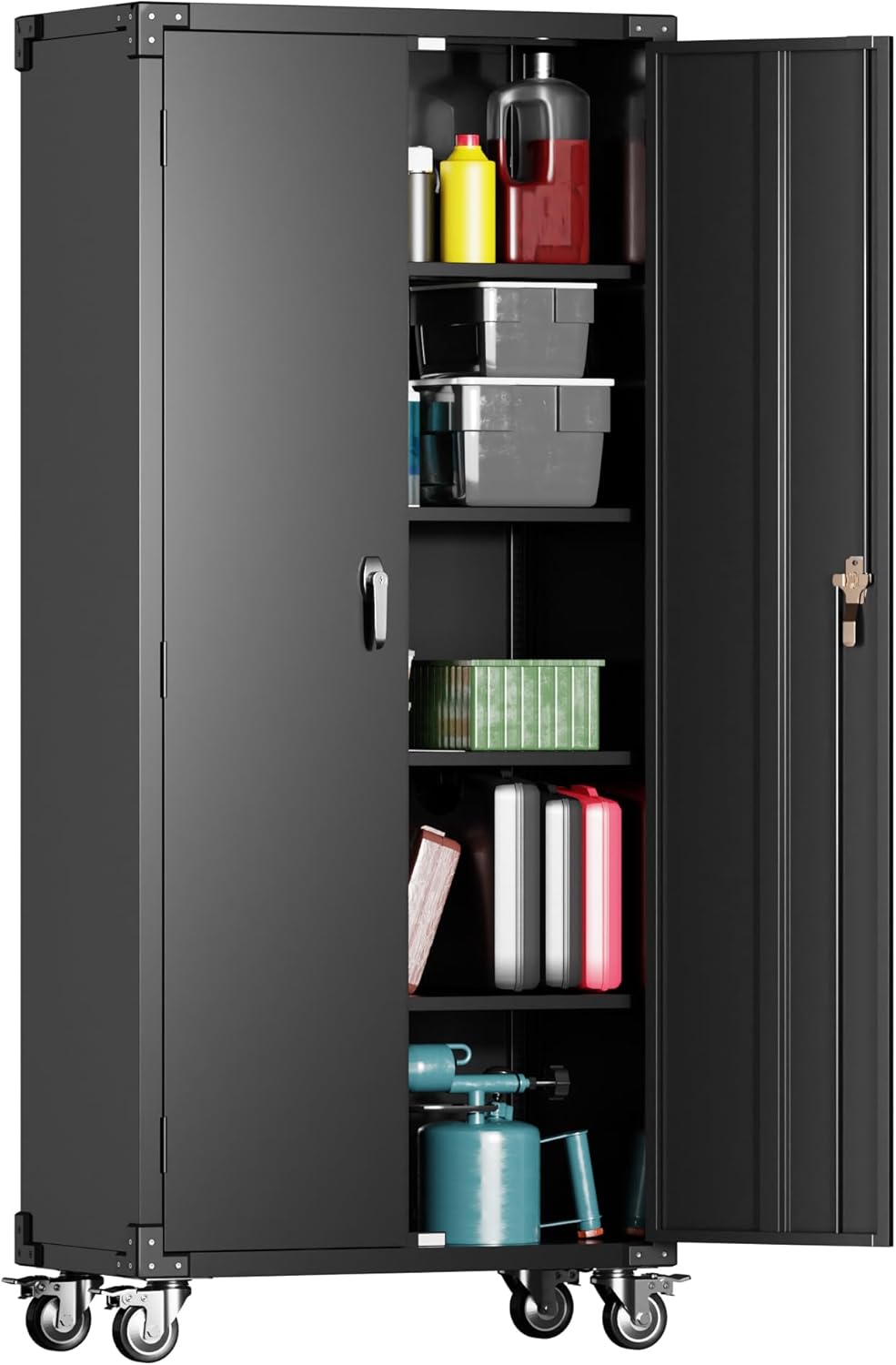 72" Black Metal Storage Cabinets with Wheels and 4 Adjustable Shelves, Lockable Rolling Cabinet Black, Home Office Metal Utility Cabinet for Garage Kitchen, Assembly Required