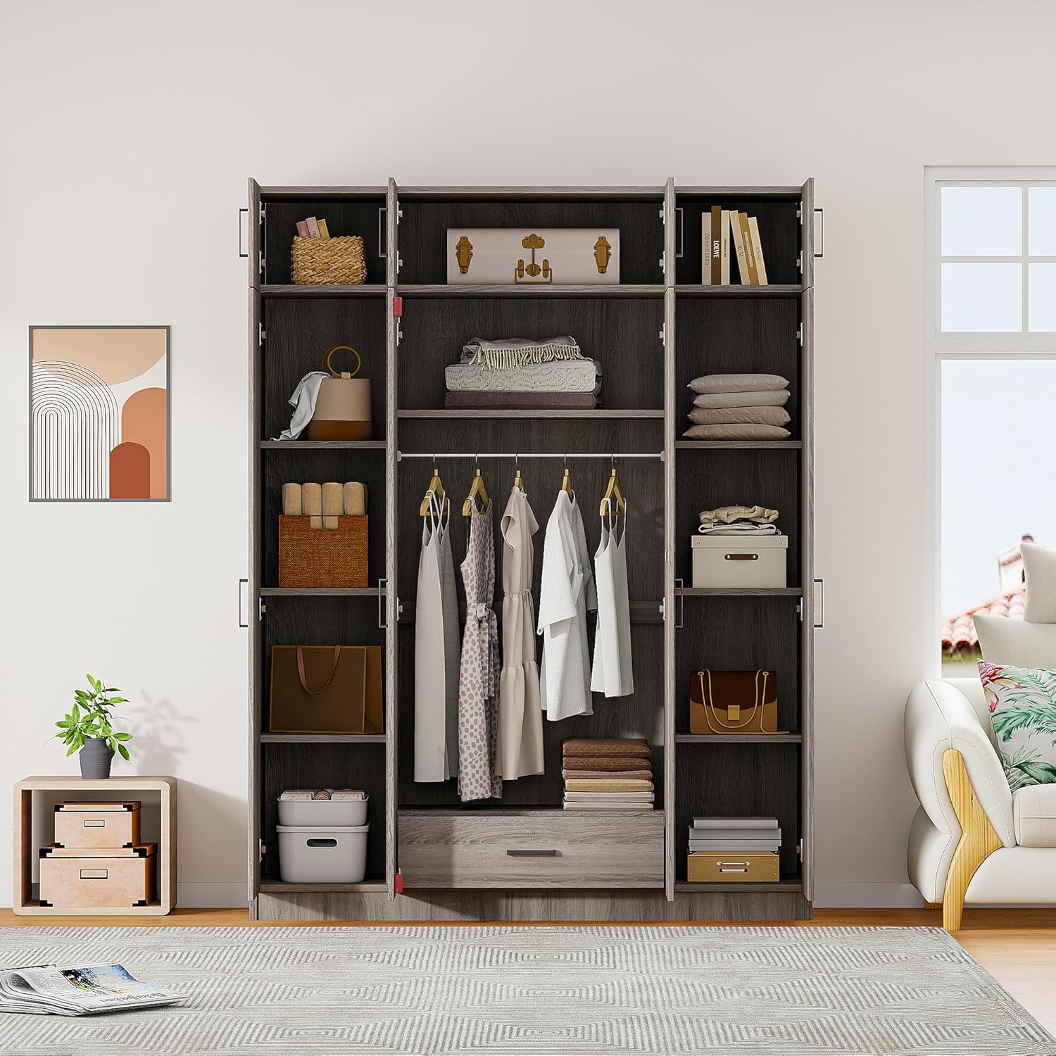 Modern Wardrobe with 4-Door and 1 Drawers, Wood High Cabinet Closet, 80.8" Tall Bedroom Armoires with Shelves, Hanging Rods and Top Cabinet for Bedroom Entryway (Gray-BB01)