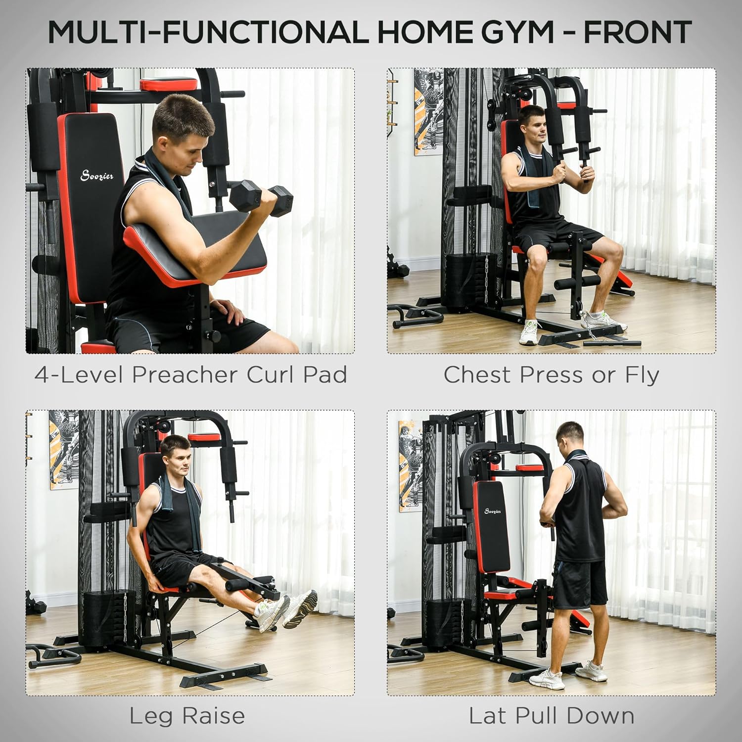 Soozier Multi Gym Workout Station with 143lbs Weight Stack, Home Gym Equipment with Sit up Bench, Push up Stand, Dip Station, Adjustable, for Full Body Strength Training