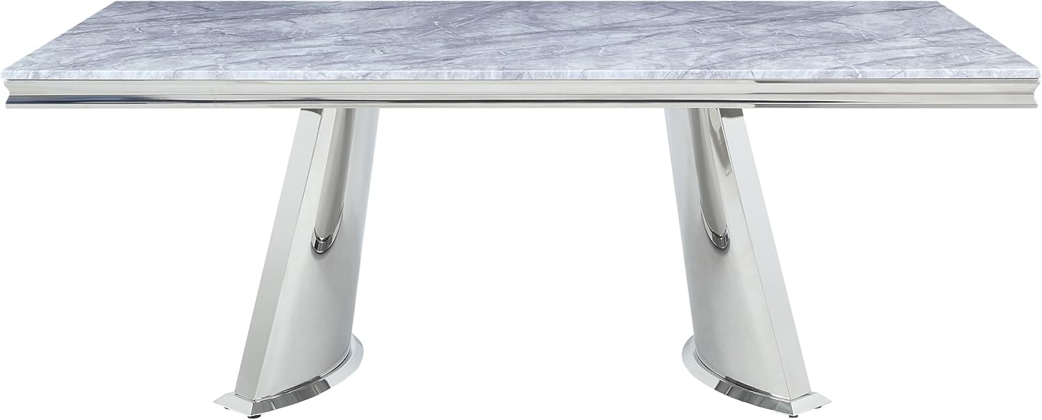 Acme Destry Dining Table in Faux Marble Top and Mirrored Silver