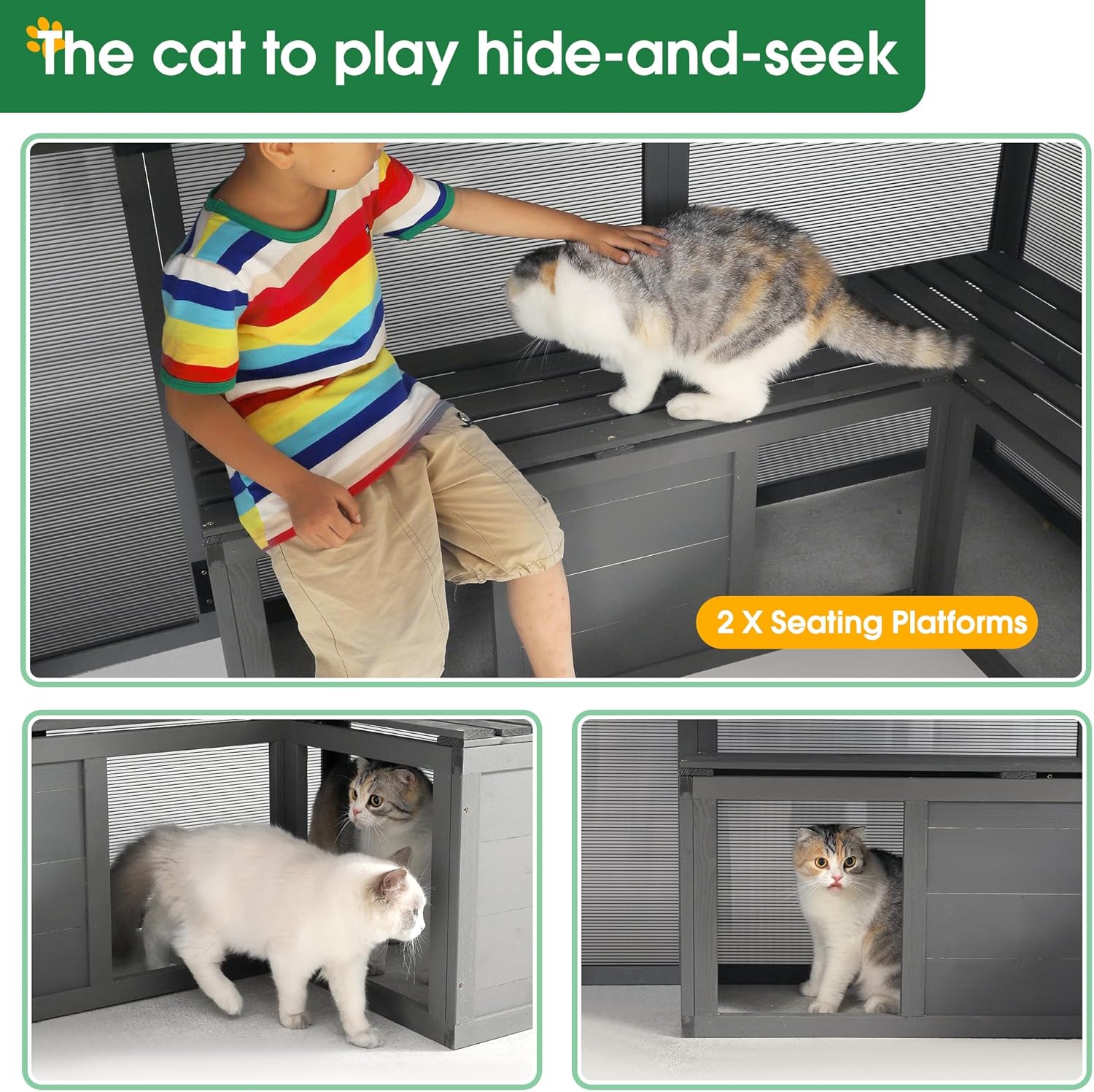 Large Cat Cage Outdoor Wooden Catio Enclosure Patio Large Cat Run House for Multiple Pets Walk in Kitten Kennel with with Bridges, Walks, Small Houses 108.7''Outdoor Indoor Cats with Weatherproof Roof