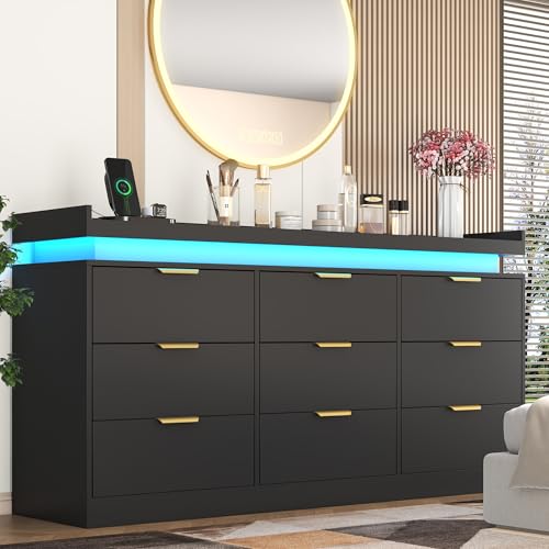 White Dresser with LED Lights, Wooden LED Dresser, 4 Drawer Chest with Charging Station, Tall Chest of Drawer Closet Organizer for Bedroom, Living Room, Entryway, Hallway