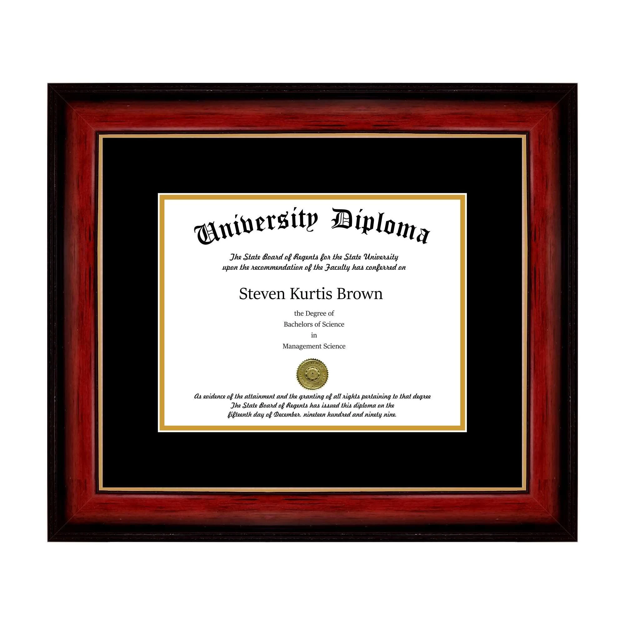 Perfect Cases Single Diploma Frame with Double Matting for 15x22 x 12x22 Tall Diploma with Mahogany with Gold Lip 1 5/8x22 Frame