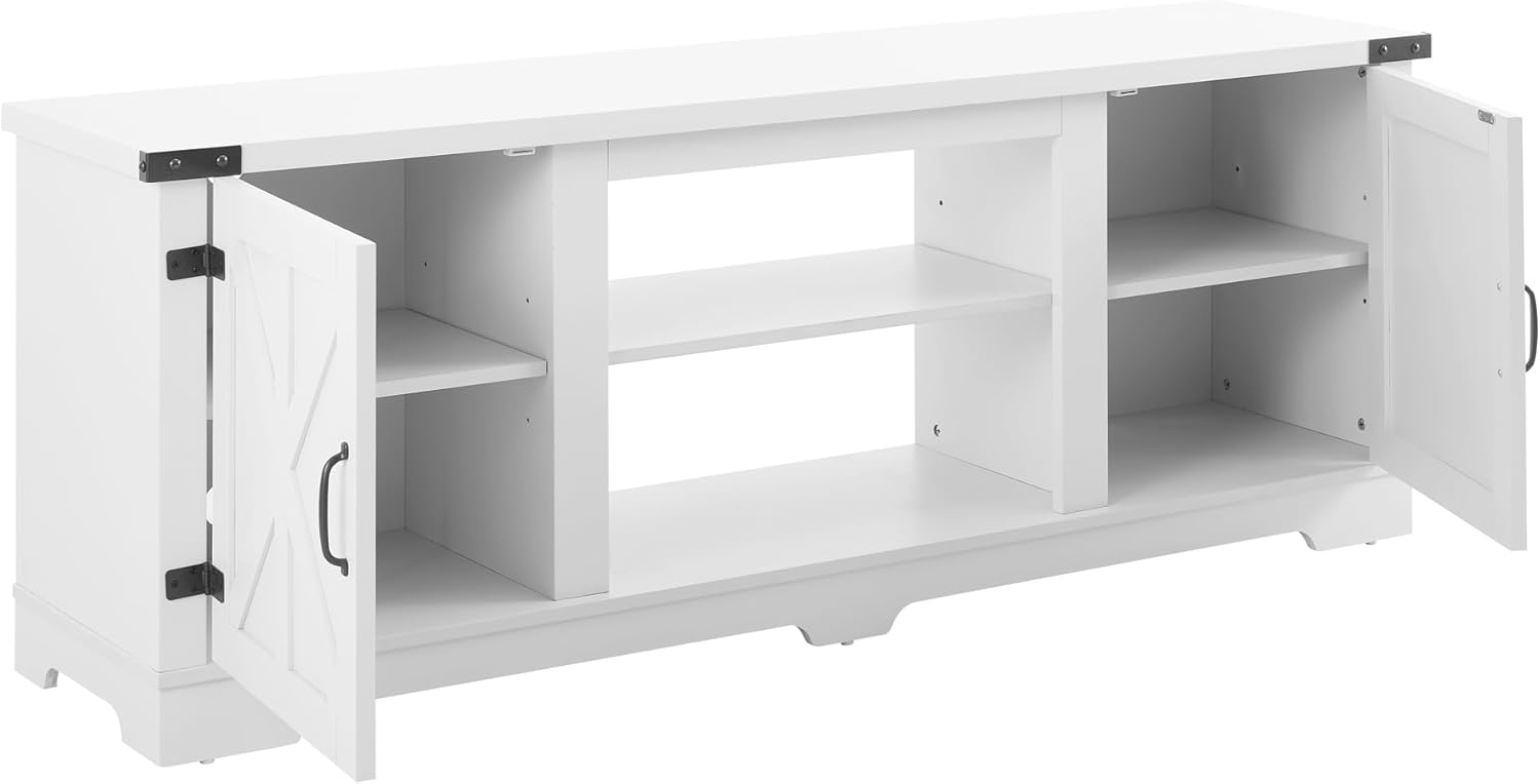 Modern Farmhouse TV Media Stand | Large Barn Style Home Entertainment Console for TVs Up to 70 Inches, with Open Shelves and Closed Cabinets, 64.80” L x 15.67” W x 24.29” H - White