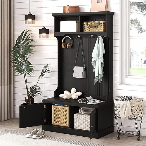 Hall Tree With Storage Shoe Bench Multi-Functional Coat Racks With Hooks For Living Room Entryway Hallway black