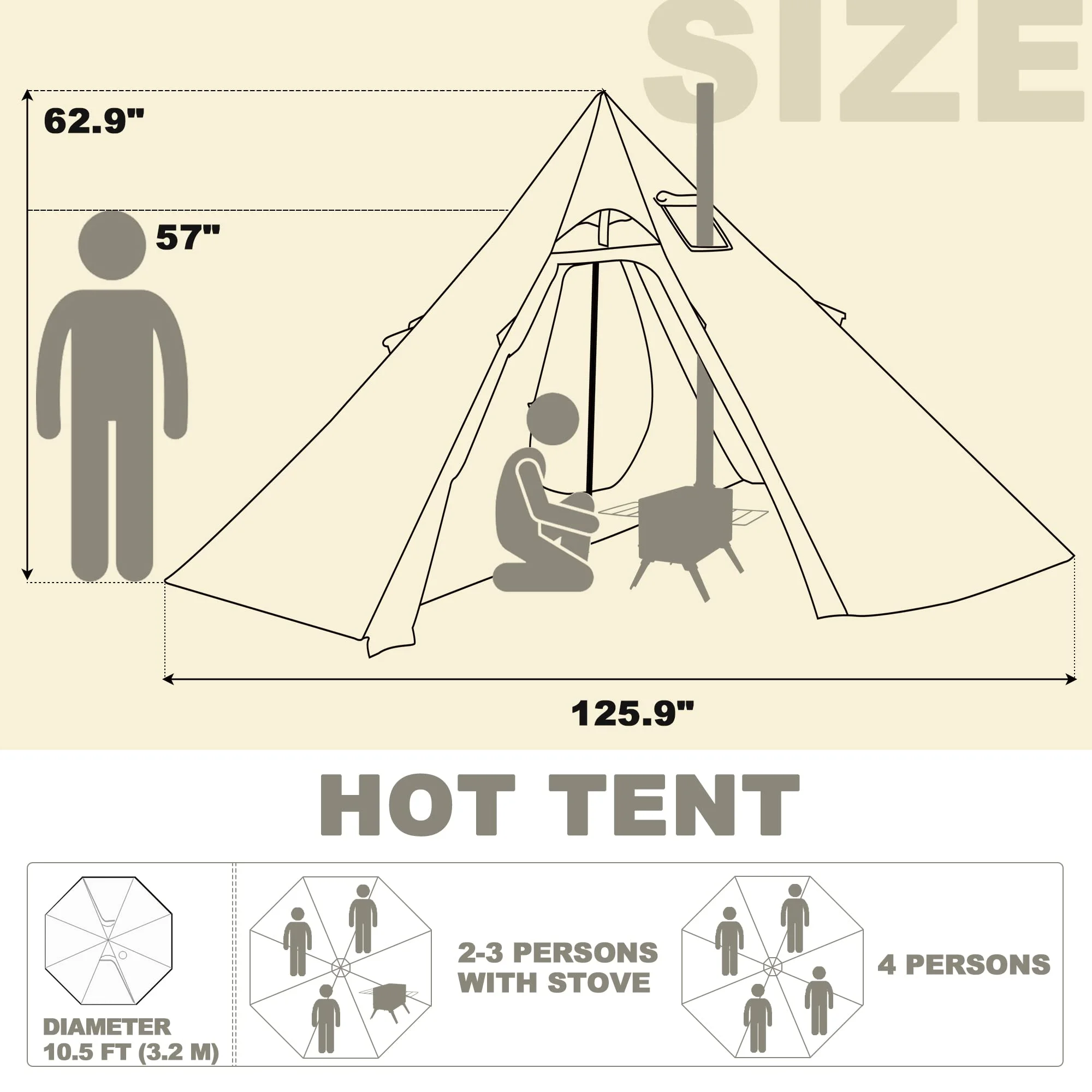 4 Persons Hot Tent Canvas Tent with Stove Jacket, 4 Season Waterproof Camping Teepee Tent for Adults