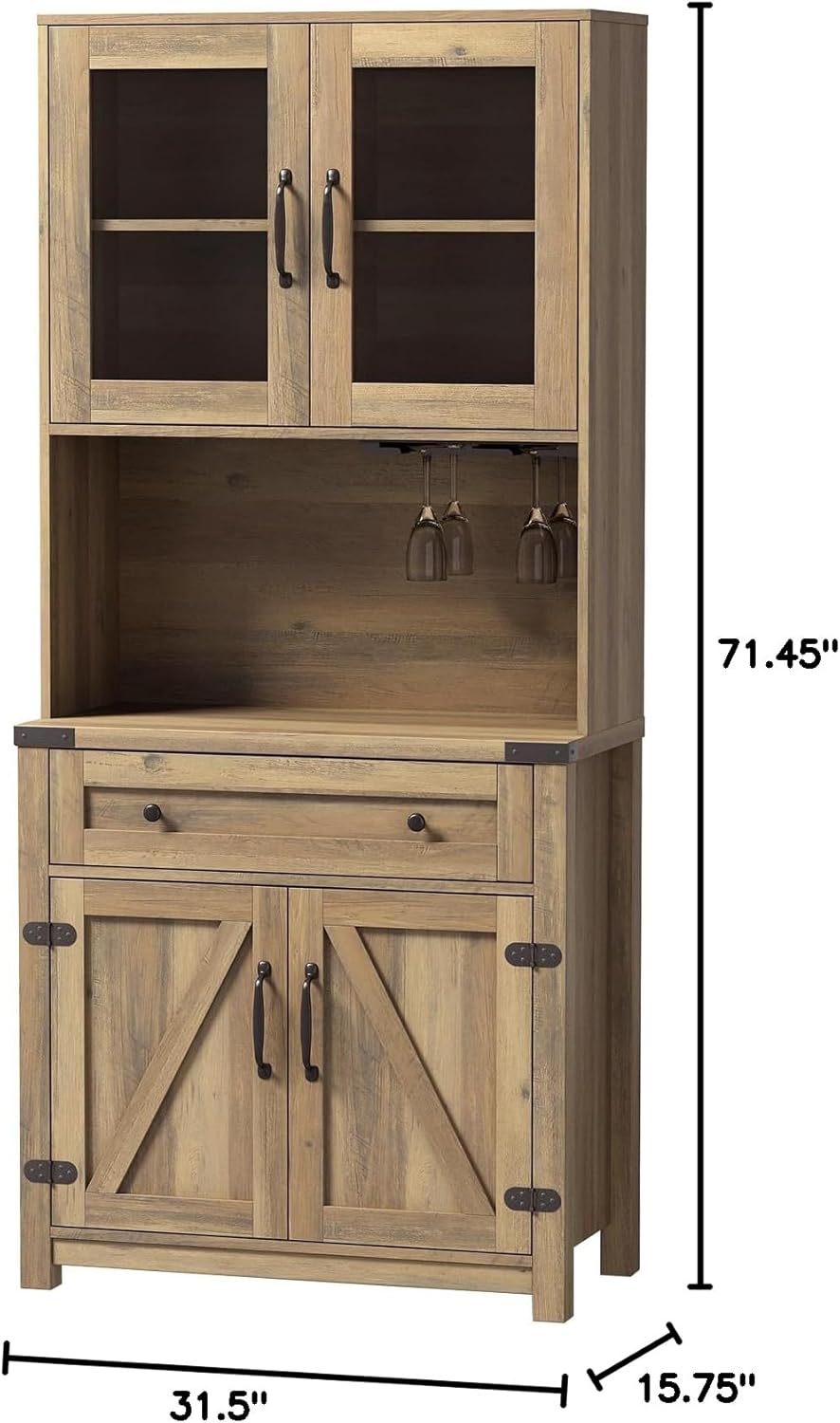 Farmhouse Bar Cabinet,Wooden Tall Wine Rack Kitchen Hutch Storage Cabinet Buffet Sideboard Cabinet Double Barn Door Accent Bar Cabinet with Goblet Holder for Home Kitchen,Dining Room