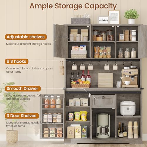 Kitchen Pantry Cabinet, Farmhouse Kitchen Cabinet with Drawer, Sliding Barn Doors Storage Cabinets with Adjustable Shelves for Dining Room, White