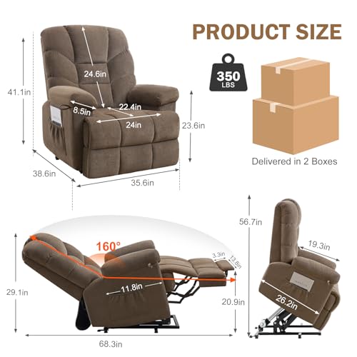 CDCASA Large Power Lift Recliner Chair with Extended Footrest for Big and Tall Elderly, Chenille Electric Lift Chairs with with Massage and Heated, Hand Remote Control w/USB Port,1PC, Grey Blue