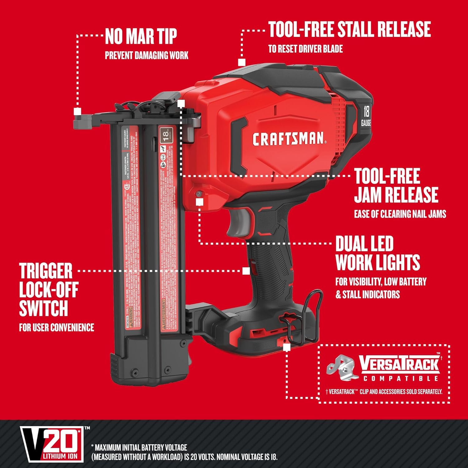 CRAFTSMAN V20 Brad Nailer, 18GA, Cordless, Bare Tool Only (CMCN618B)