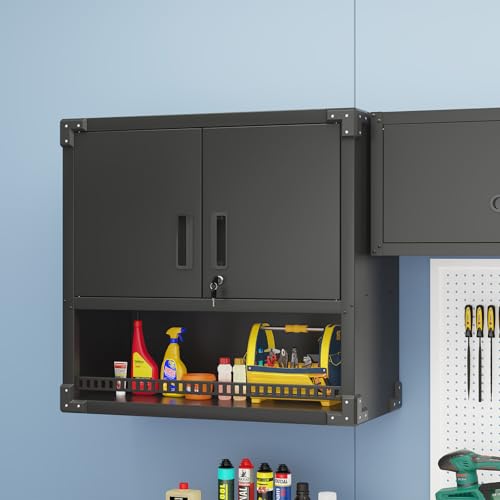 Garage Storage Cabinet Wall Cabinet with 2 Doors,Lockable Tool Cabinets Wall Mounted with Adjustale Shelves,Heavy Duty Steel Hanging Cabinets for Warehouse Kitchen Laundry,Assembly Required