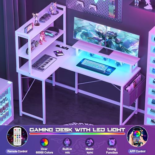 Homieasy L Shaped Computer Desk with Bookshelf, 47 Inch Reversible Corner Gaming Desk with Charging Station & Led Light, Home Office Desk with Hutch Monitor Stand Storage Shelves Bag, Black Oak