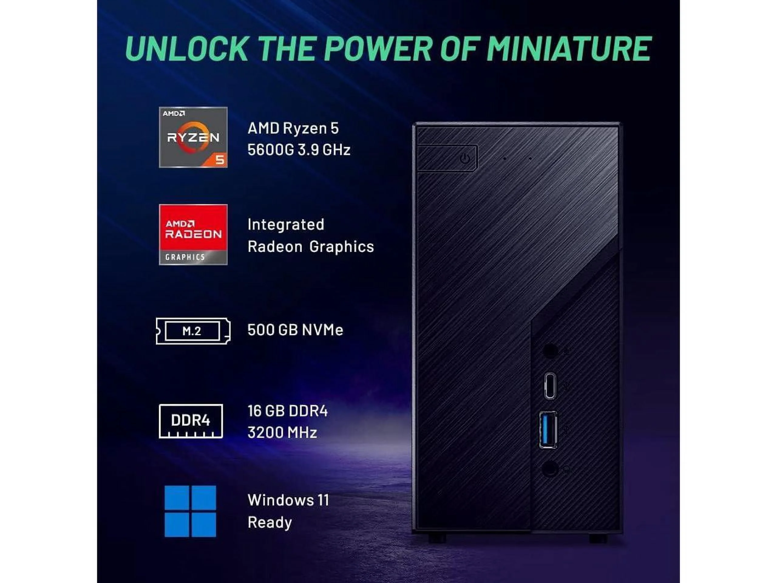 Skytech, Mini PC, Gaming PC, AMD Ryzen 5 5600G, AMD Radeon Graphics, 1TB SSD, 16GB RAM, Windows 11