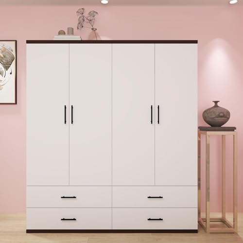 Wood Armoire Wardrobe Closet with 4 Doors, 2 Hanging Rods, 2 Drawers, Bedroom Armoire Organization with Mirror & Clothes Storage Cabinet Shelving 63" W x 20.4" D x 70.8 "H White