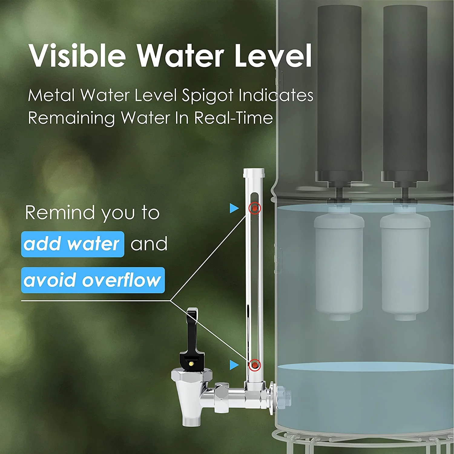Waterdrop WD-TK-FS Gravity-fed Water Filter System, 2.25-gallon Stainless-steel System, with 4 Filters, Metal Water Level Spigot and Stand, Reduces up to 98.95% of chlorine&Bad Taste-King Tank Series