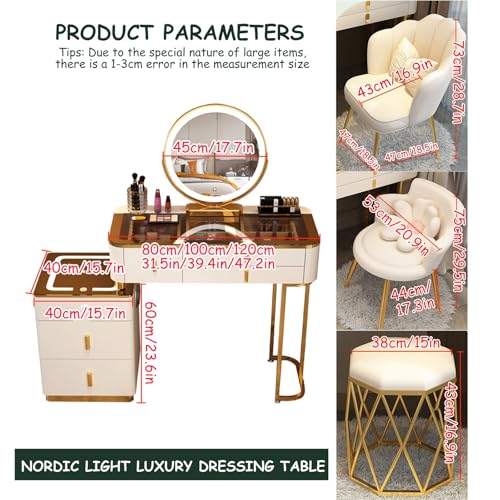 Vanity Mirror with Lights and Desk,Vanity Makeup Table Set,Makeup Vanity Table Wit Round 3-Colors Lights,with Cushioned Stool,with 2 Drawers and Storage Shelves,Innovative Glass Table Top for Cosmetic