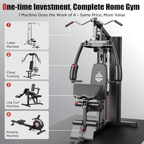 Sportsroyals Home Gym, Multifunctional Home Gym Equipment, Workout Station with 154LBS Weight Stack, Exercise Equipment for Full Body Traning with Pulley System