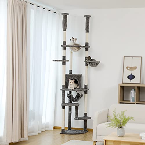 PEQULTI Floor to Ceiling Cat Tree 92.9’’-101.6’’ Height Adjustable Cat Tower Tall Kitty Climbing Play House with Scratching Posts, Cozy Condo, Perches and Large Hammock for Indoor Cats Beige