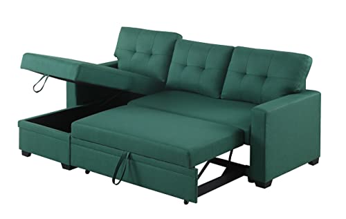 L-Shape Sofa Sectional Convertible Sleeper with Storage Chaise and Pull-Out Bed, Linen Upholstered Reversible Corner 3 Person Couch, for Living Room, Apartment, 82" Green, 82inch