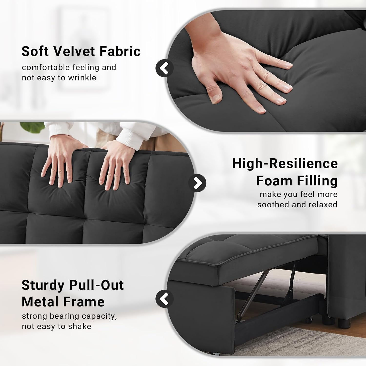 Loveseat 3 in 1 Convertible Sleeper, Modern Pullout Couch Bed, Velvet Chaise Lounge with 2 Pockets and 2 Pillows, Futon Sofa for Living Room Furniture, Black