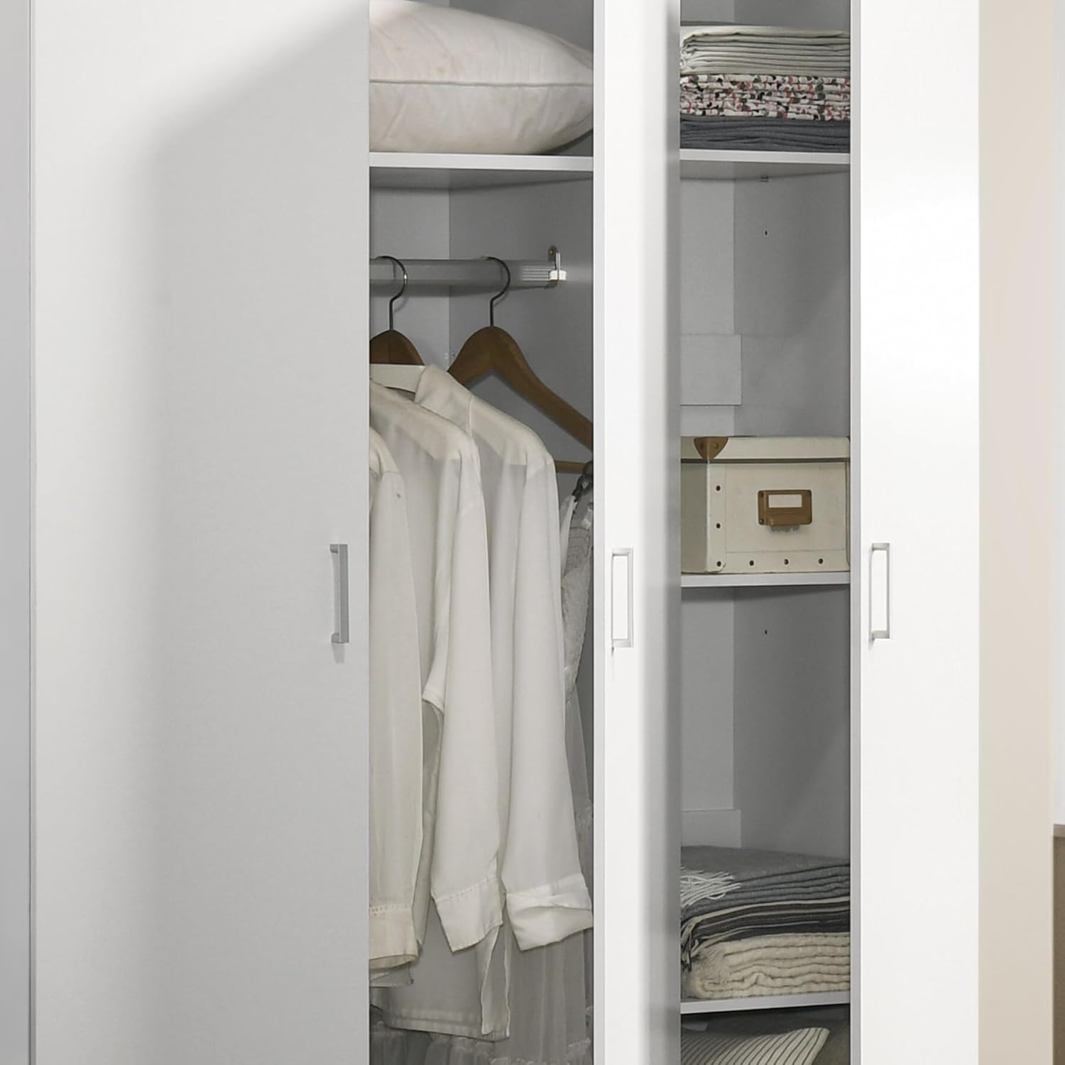 3 Doors Armoire Wardrobe, 71.5" H Bedroom Clothes Cabinet with Storage Shelves and Hanging Rod, Freestanding Wooden Closets Organization, White-4