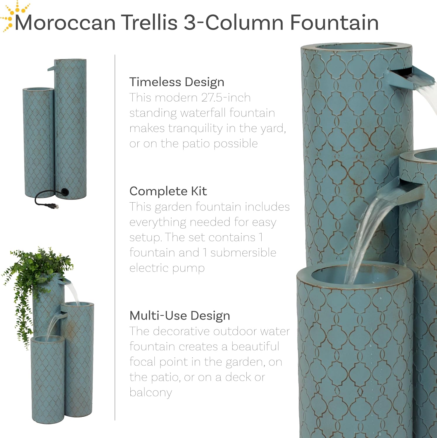 Sunnydaze Moroccan Trellis 3-Column Modern Outdoor Water Fountain - Zinc Cascading Outdoor Fountain - 27.5-Inch