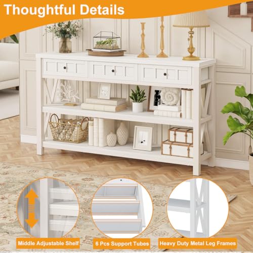 FATORRI Industrial Console Table for Entryway, Rustic Sofa Table with Shelf and 3 Drawers for Living Room, Farmhouse Foyer Table and Couch Table Behind Sofa (54.72 Inch Long, Walnut Brown)