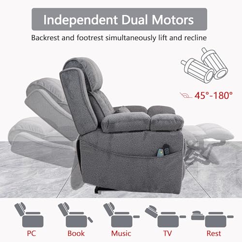 Power Lift Chair Lay Flat Recliner Infinite Position Electric Dual Motor Stand Up Lift Chair with Massage and Heat for Adults,Heavy Duty Recliners with 2 Remote Controls and Two Cup Holders