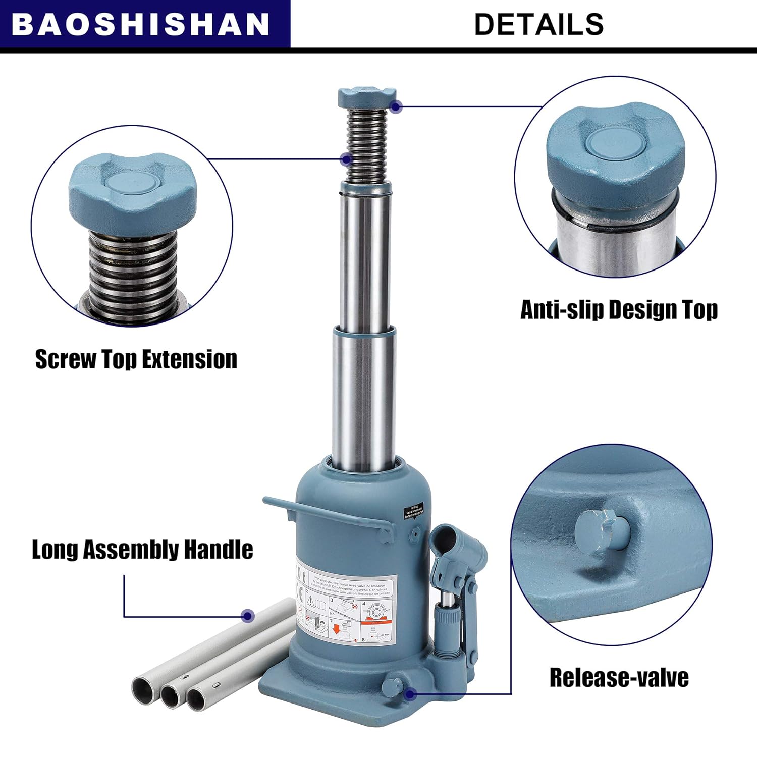 BAOSHISHAN 12 Ton High Lift Bottle Jack 9.25" to 23.23" Lifting Range Heavy Duty Double Ram Hydraulic Truck Jack