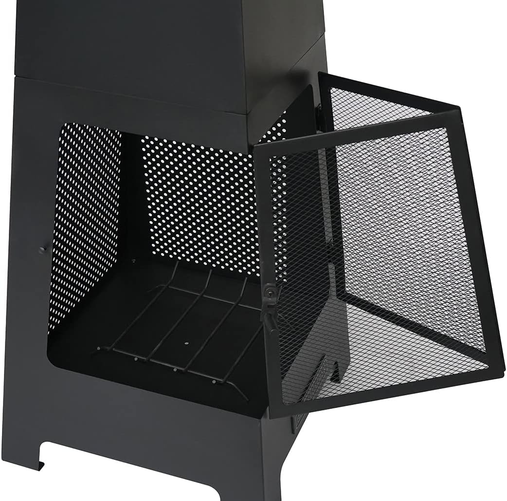 BLACK + DECKER Steel Woodburning Pyramid Chiminea Outdoor Fireplace Hinged mesh screen panel doors Black powder coated steel fire pit over 4 ft tall includes poker