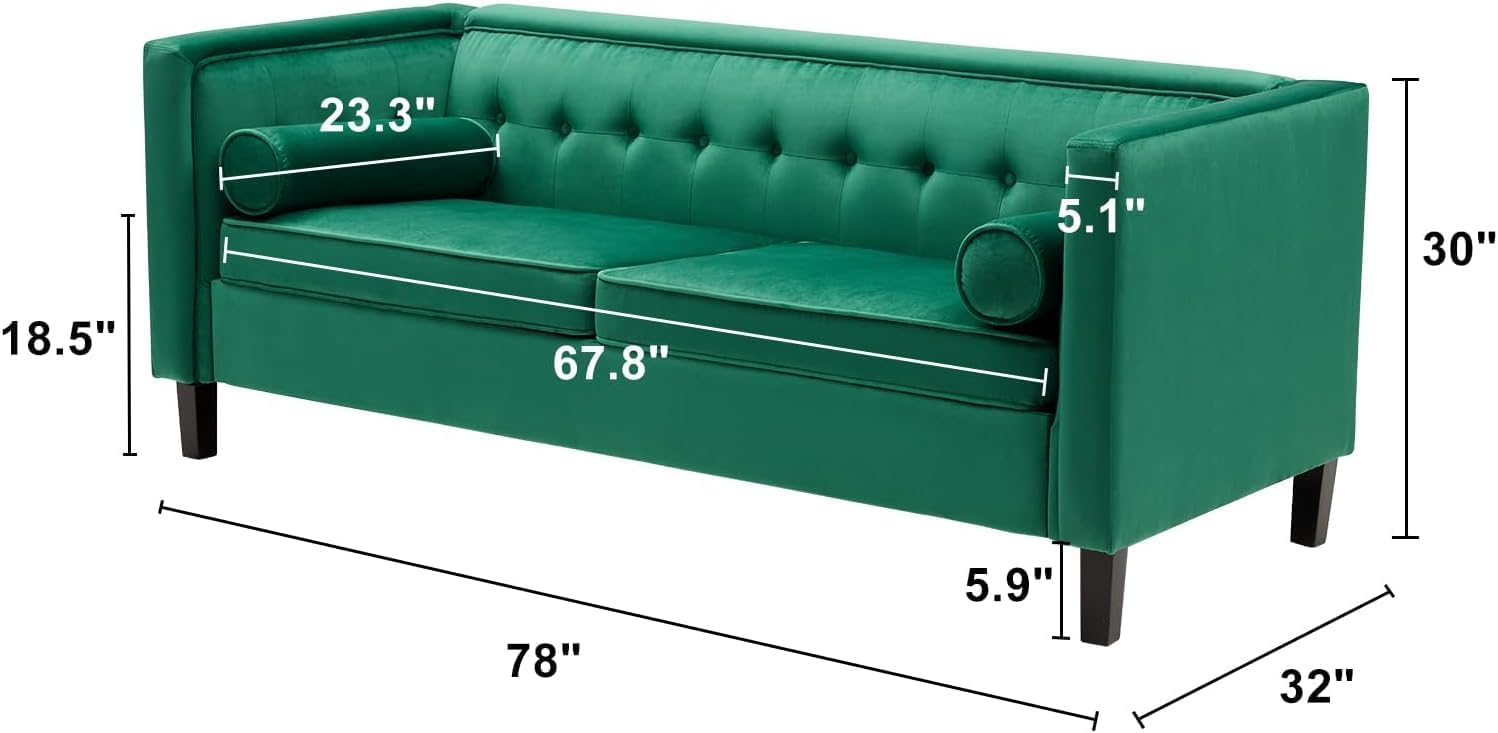 78'' Mid-Century Velvet Sofa, Couch Furniture with Bolster Pillows, Button Tufted Couch for Living Room, Tool-Free Assembly, Green