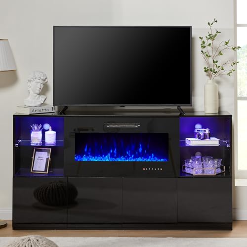 AMERLIFE Modern High Gloss 68" Fireplace TV Stand, Fireplace Entertainment Center with Fireplace & LED Lights for TVs up to 78", TV Console Cabinet with Adjustable Glass Shelves for Living Room, White